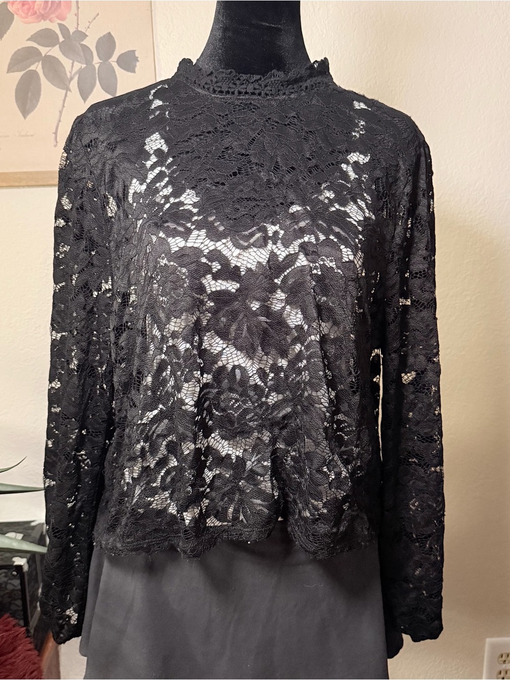 Black Lace Long-Sleeve Mock Neck Keyhole Top